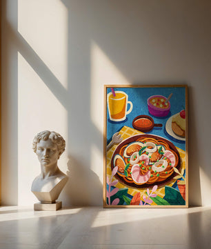 Escena ilustrativa de desayuno colorida con pasta y bebidas