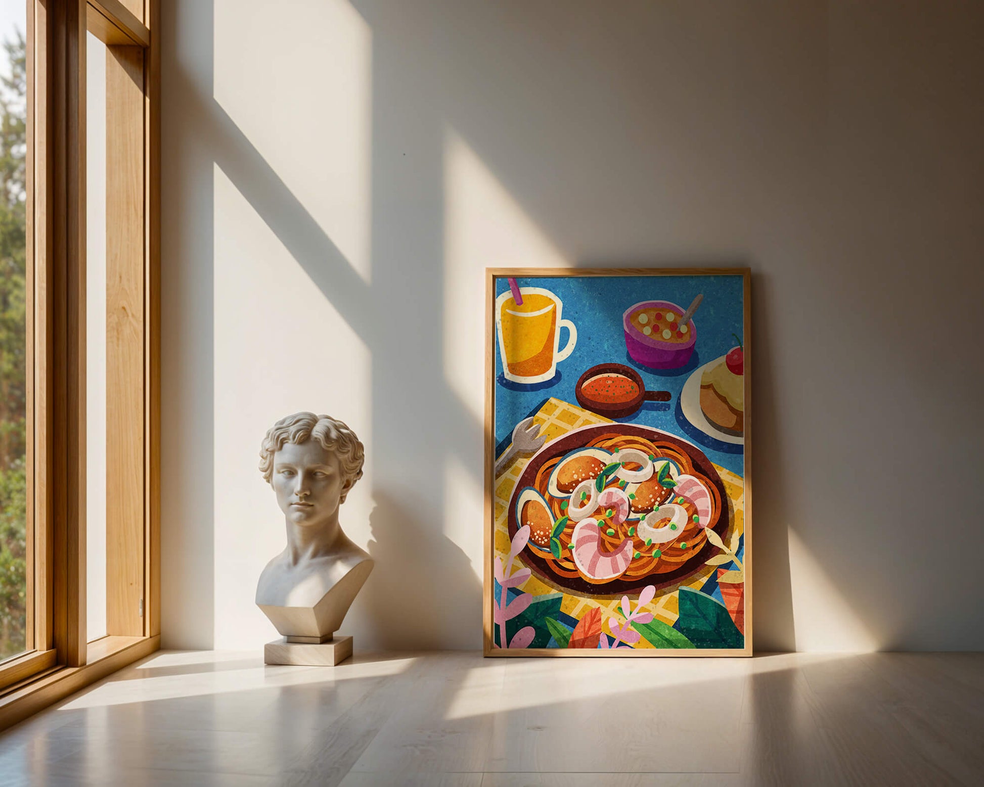 Colorful Illustrative Breakfast Scene with Pasta and Drinks