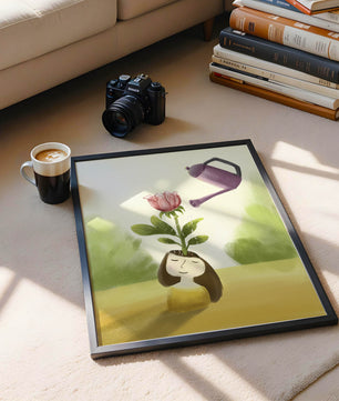 Ilustración de una chica con una flor creciendo de su cabeza siendo regada