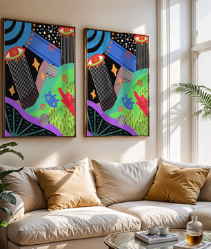 Œuvre d'art psychédélique abstraite colorée avec des formes géométriques et des yeux