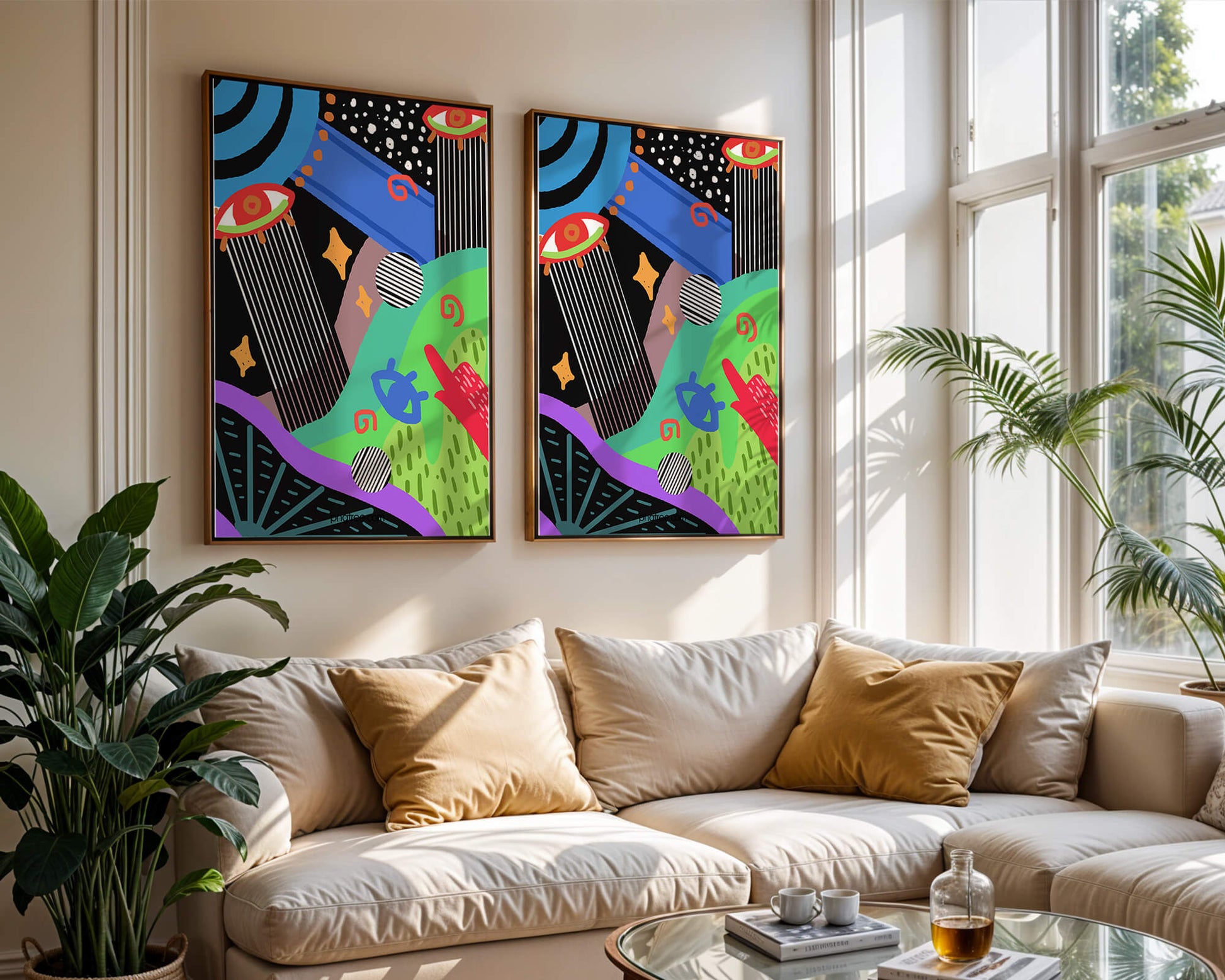 Œuvre d'art psychédélique abstraite colorée avec des formes géométriques et des yeux