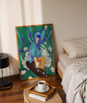 Ilustración abstracta colorida de una persona en movimiento con tonos azules y verdes
