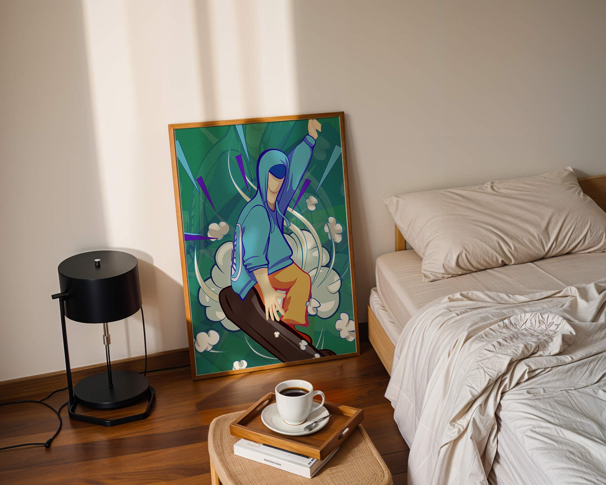 Ilustración abstracta colorida de una persona en movimiento con tonos azules y verdes
