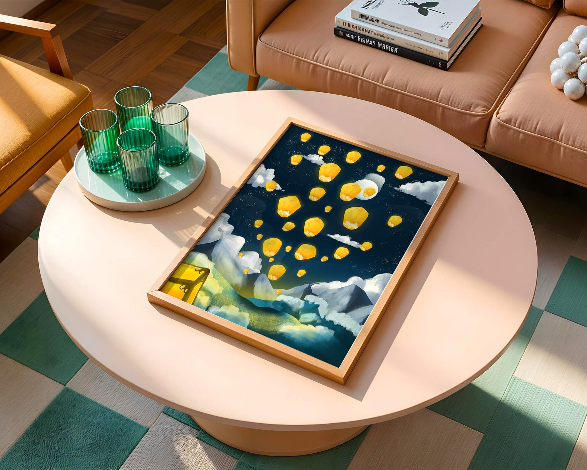 Lanterns floating in a starry night sky over mountains