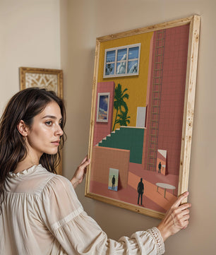 Surreale Architekturlandschaft mit tropischen Elementen und abstrakten Figuren