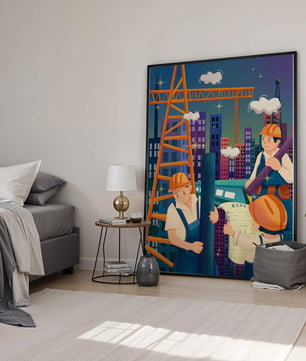 Illustrated construction workers on a high-rise building site