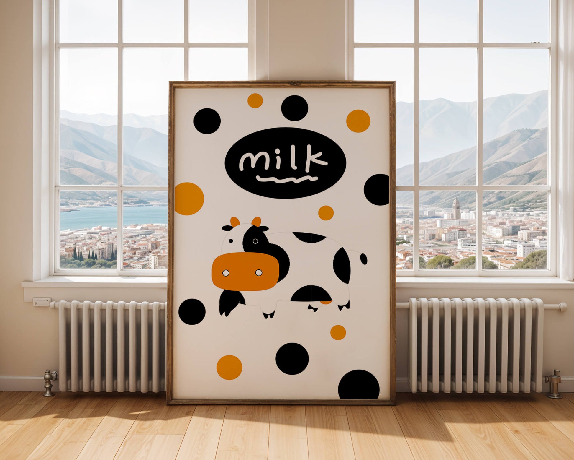 Illustrated cow with modern design and abstract elements