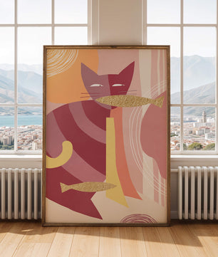 Abstract cat artwork with gold accents and colorful patterns