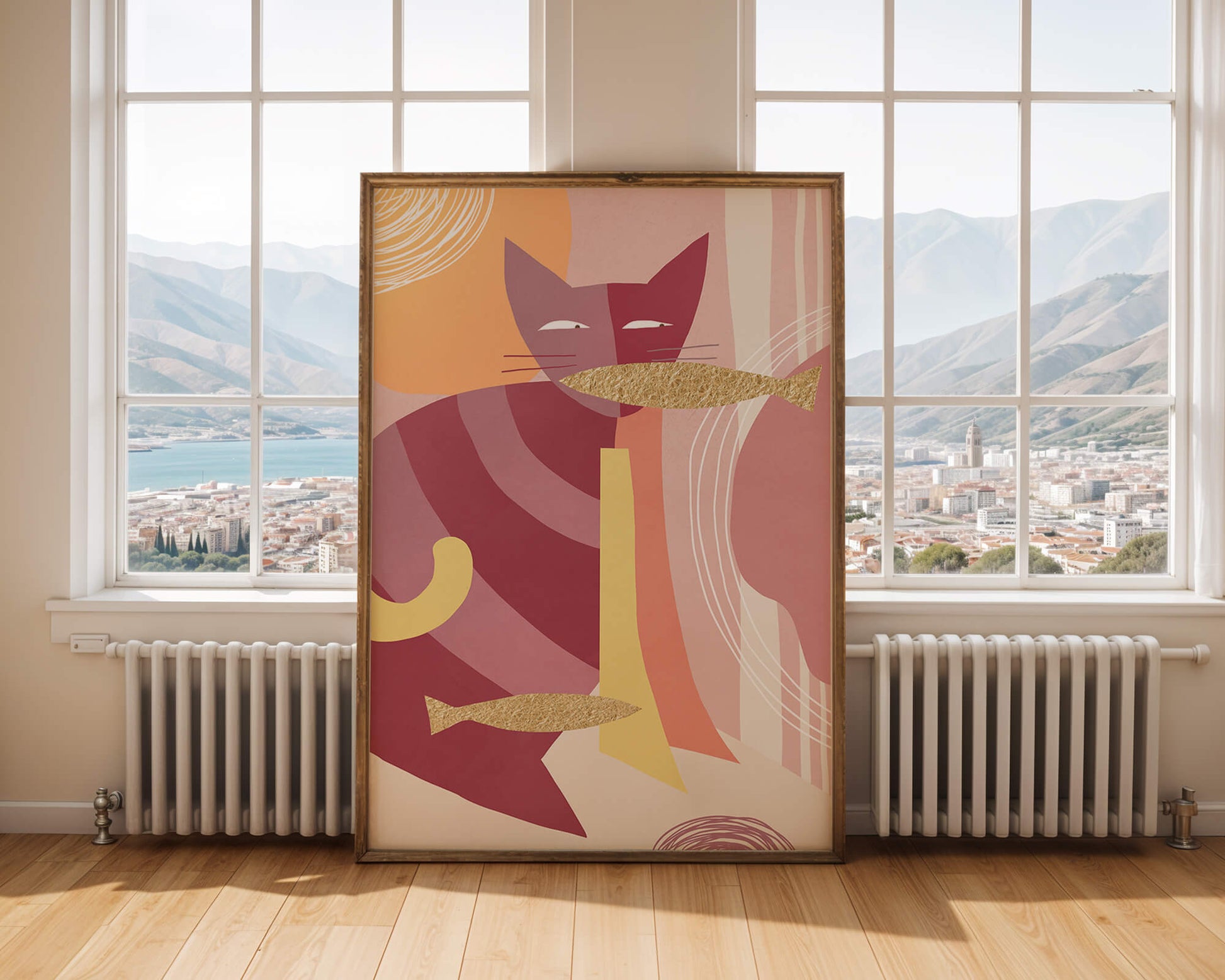 Abstract cat artwork with gold accents and colorful patterns