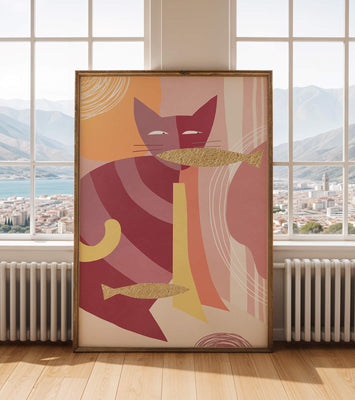 Abstract cat artwork with gold accents and colorful patterns
