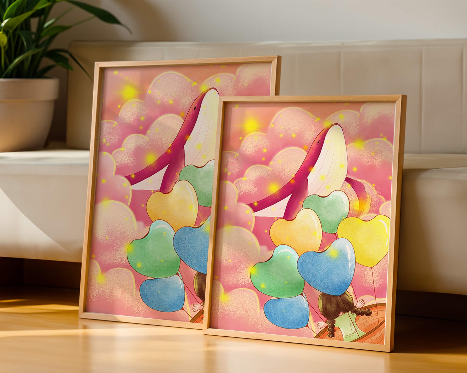 Globos en forma de corazón y ballena en una escena colorida y caprichosa.