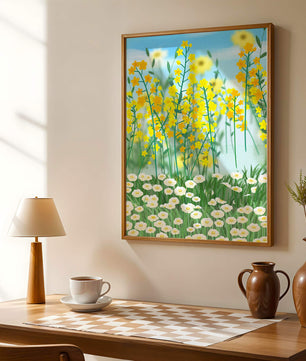 Frühlingwiese mit blühenden gelben und weißen Blumen