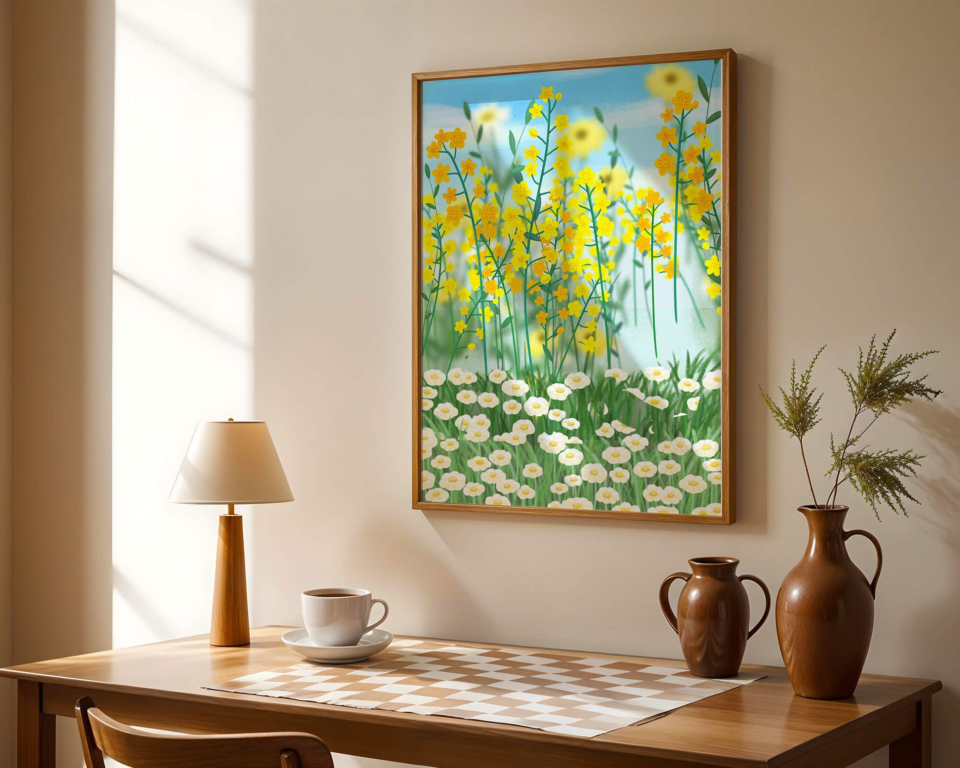 Springtime Meadow With Blooming Yellow And White Flowers