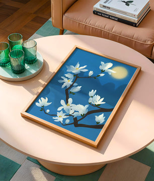 White magnolia branch under moonlight with blue background