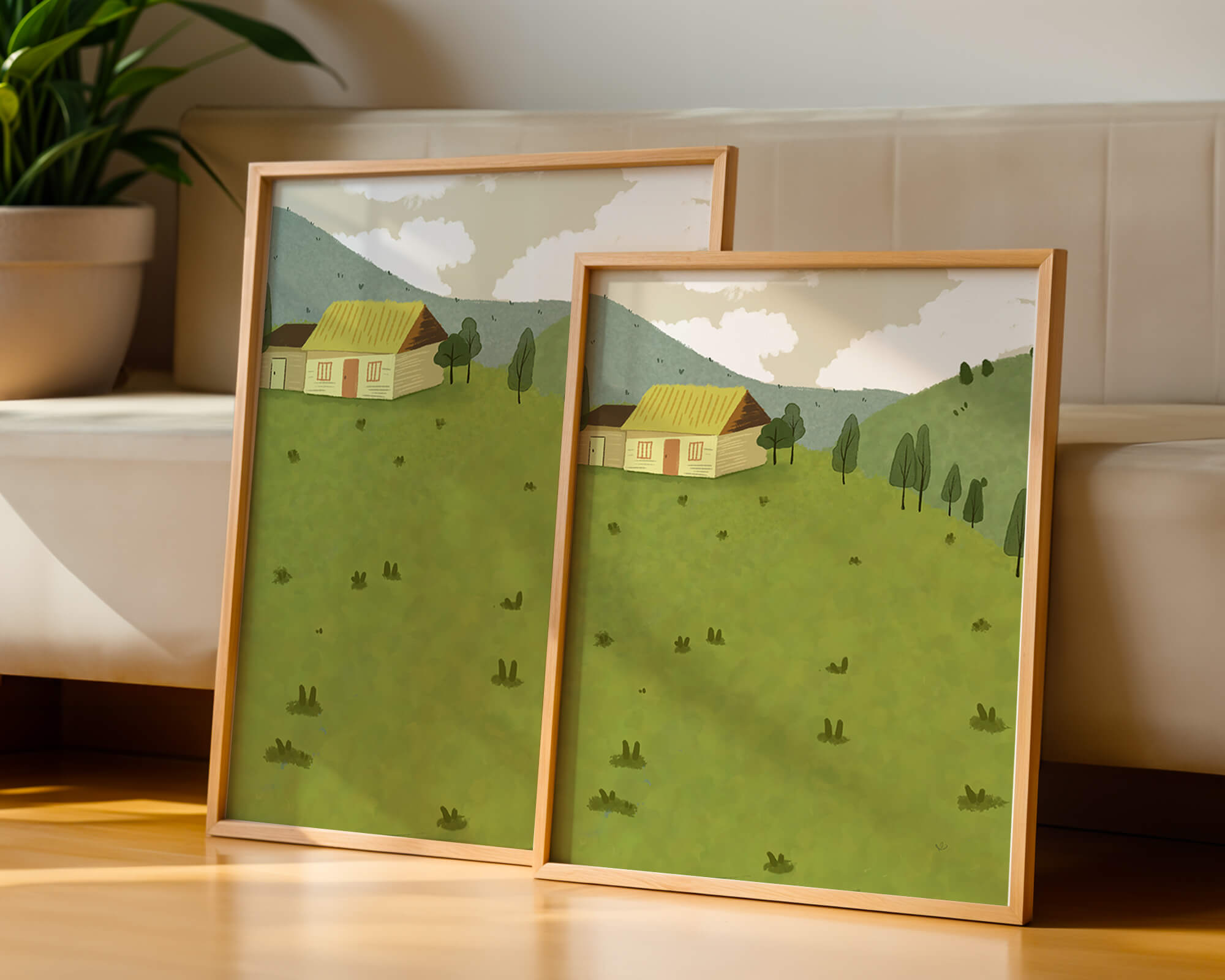 Charming countryside landscape with house and green hills