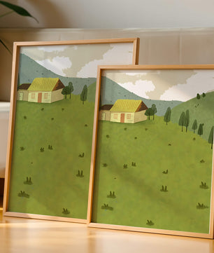 Charming countryside landscape with house and green hills
