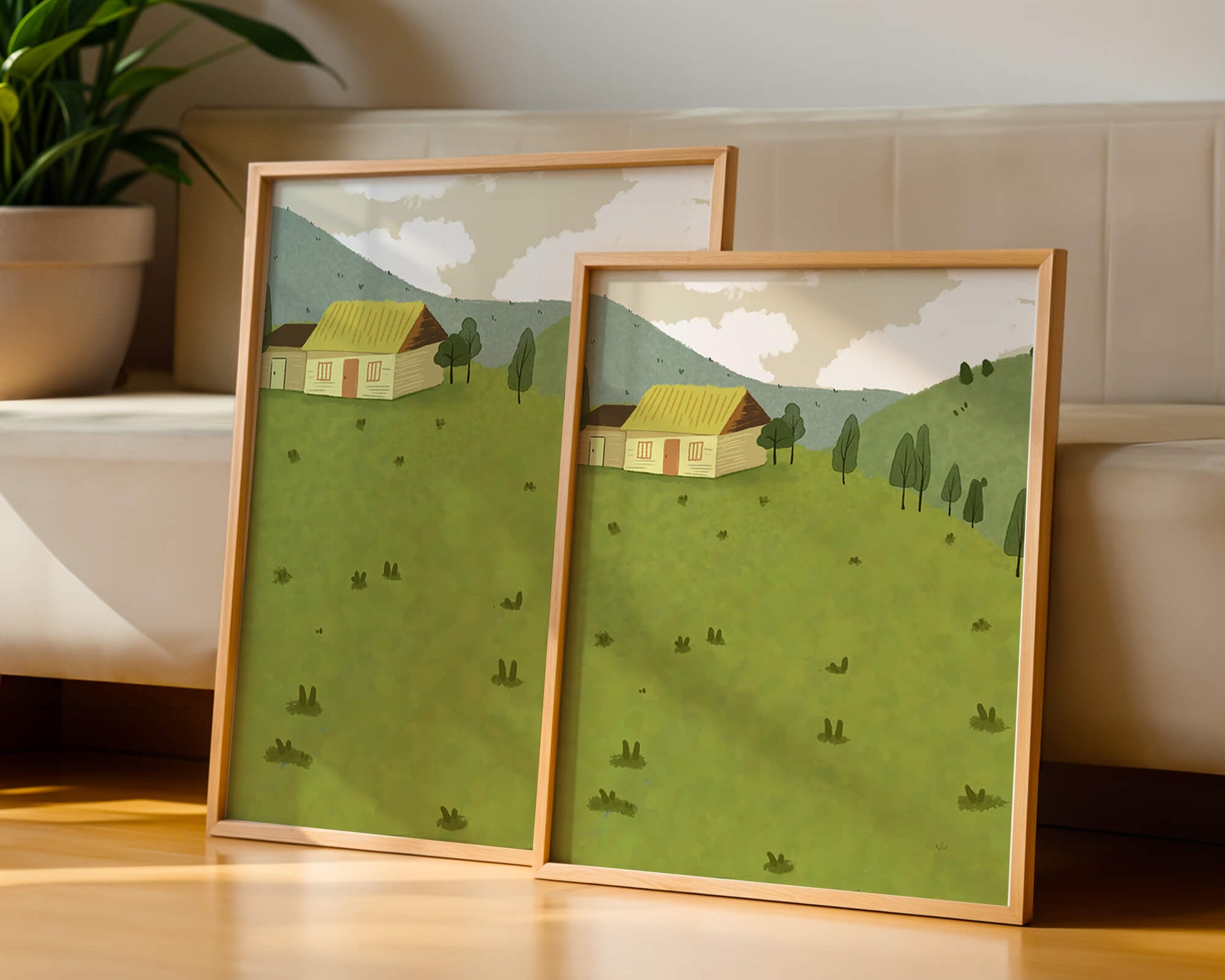 Charming countryside landscape with house and green hills