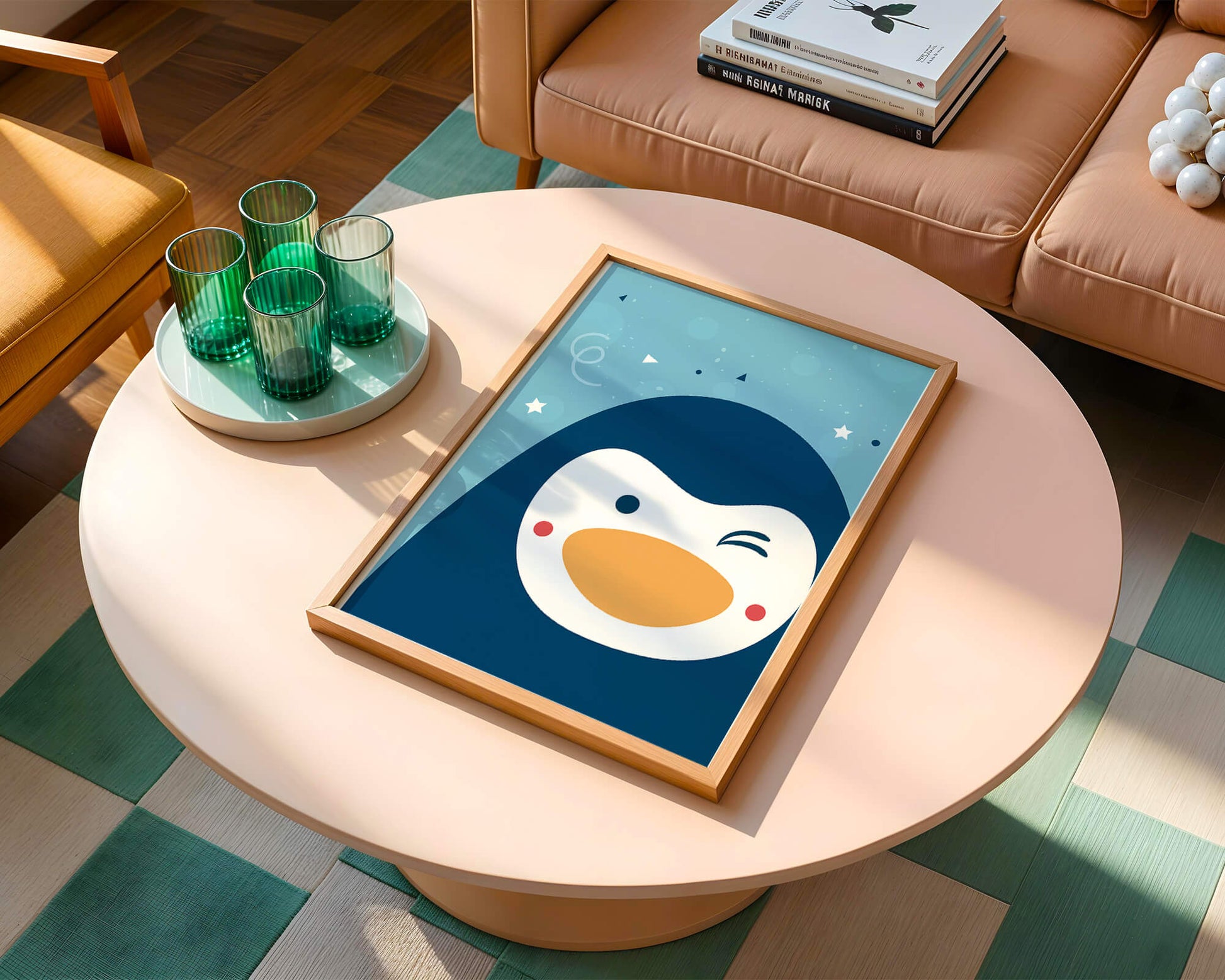 Pingüino de dibujos animados juguetón sobre un fondo azul caprichoso