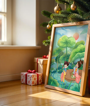 Charming illustration of children on a boat in a lush lotus pond