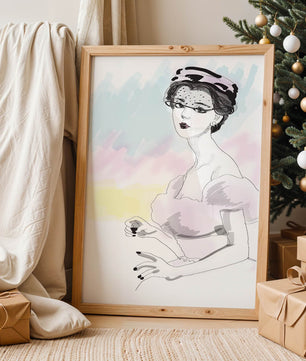 Elegant Woman in Vintage Fashion with Veil Hat and Pastel Background - Mi tienda