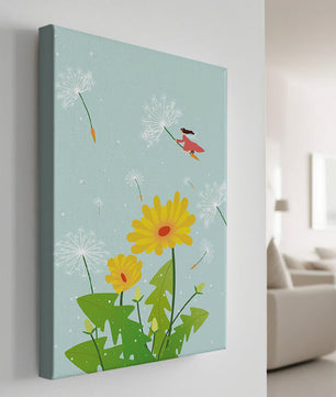 Whimsical illustration of a girl flying with dandelions in a colorful floral scene