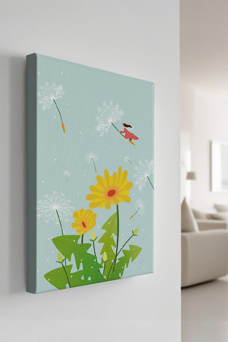Whimsical illustration of a girl flying with dandelions in a colorful floral scene
