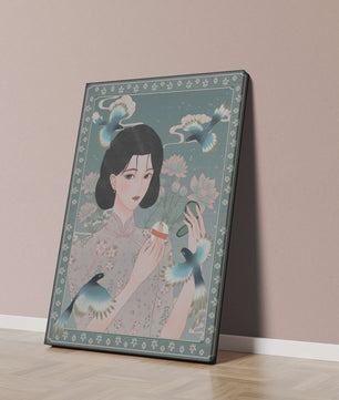 Mujer elegante en kimono floral rodeada de pájaros y flores de loto