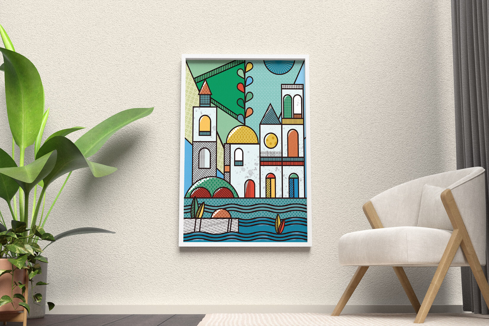 Paysage urbain géométrique coloré avec des éléments architecturaux modernes
