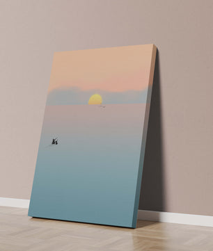 Serene Sunset with Silhouettes and Birds over a Calm Sea