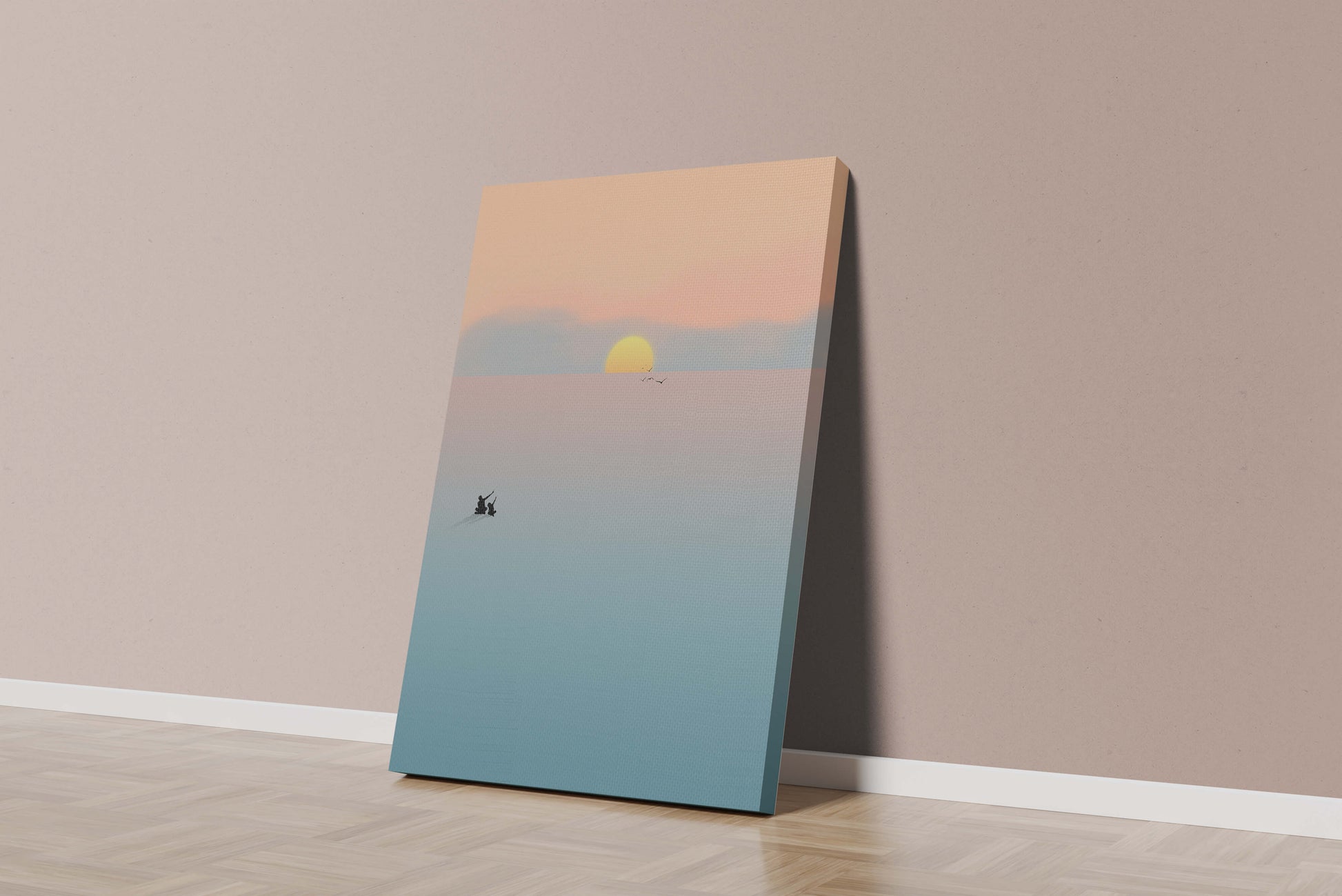 Serene Sunset with Silhouettes and Birds over a Calm Sea