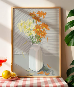 Vibrant daisies in a white vase illustration