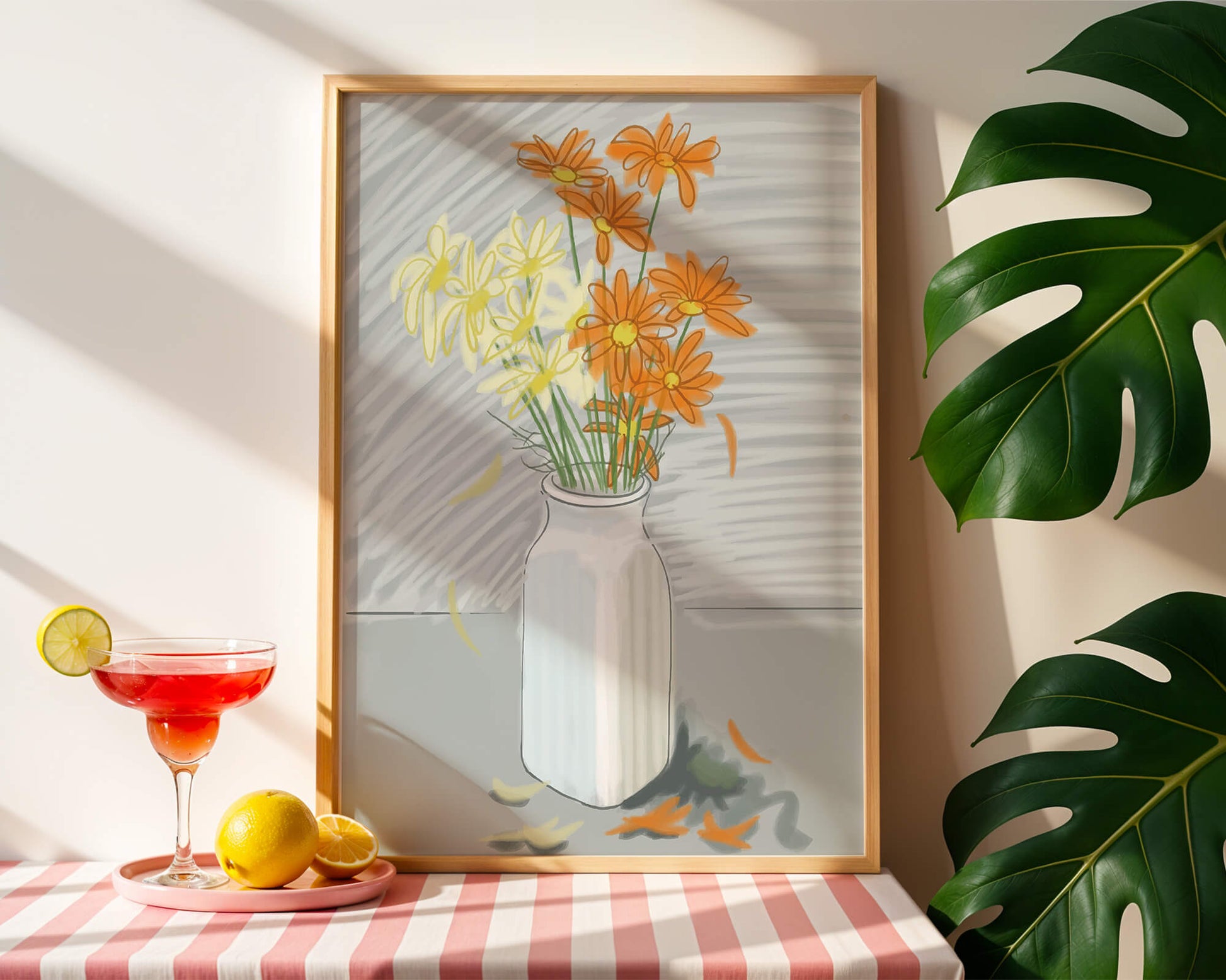 Vibrant daisies in a white vase illustration