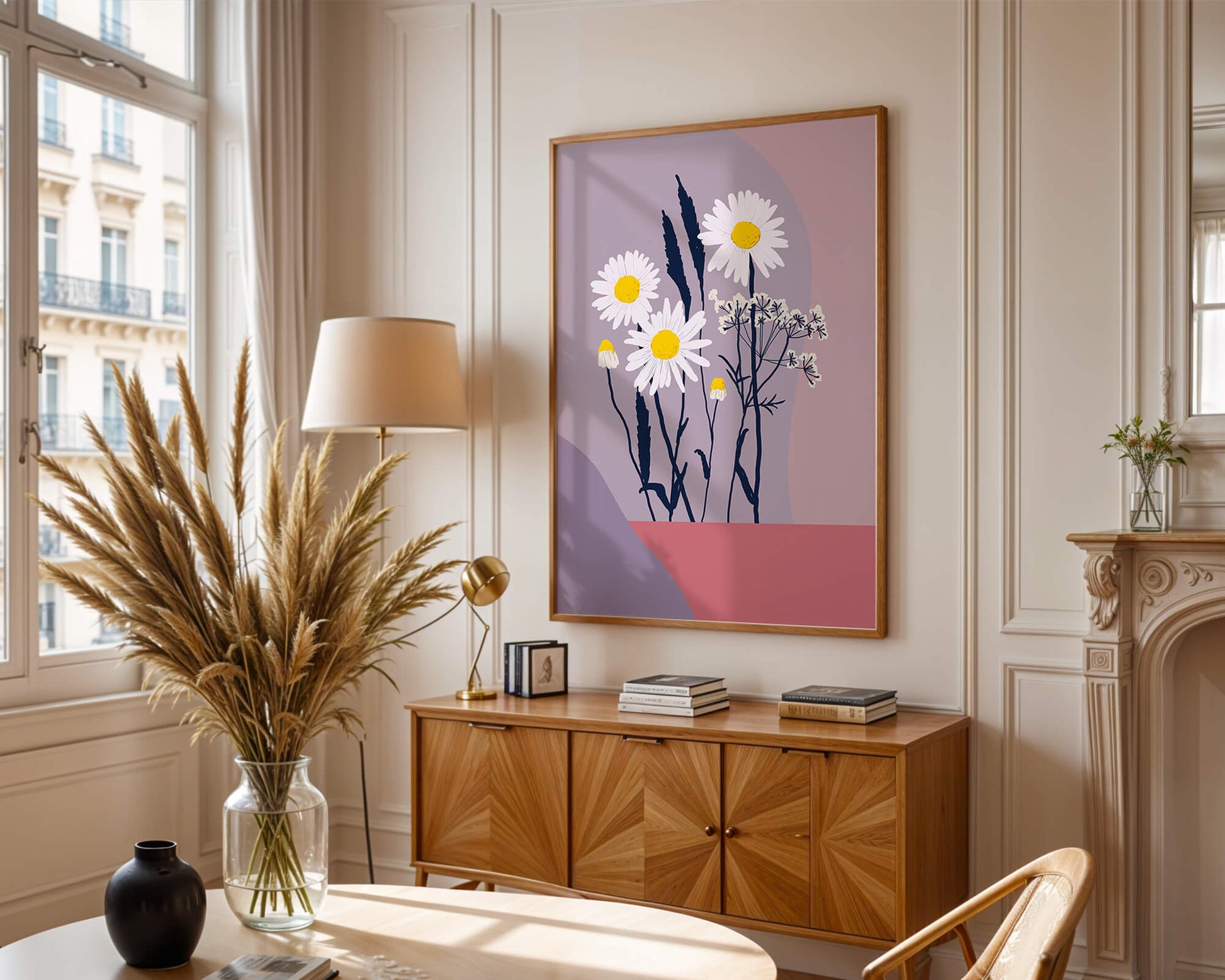 Zarte weiße Gänseblümchen mit gelben Zentren auf modernem Pastell-Hintergrund