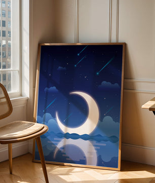 Serene night sky with crescent moon reflecting on water