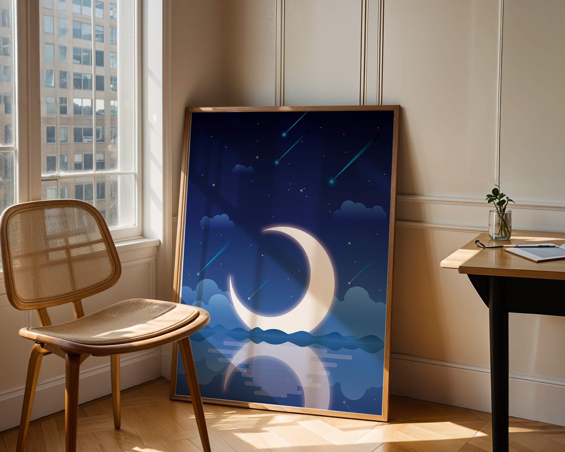 Serene night sky with crescent moon reflecting on water