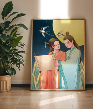 Elegant illustration of traditional attire with scroll and swallows under a full moon