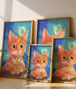 Adorable orange kitten illustration with bubbles and a colorful background