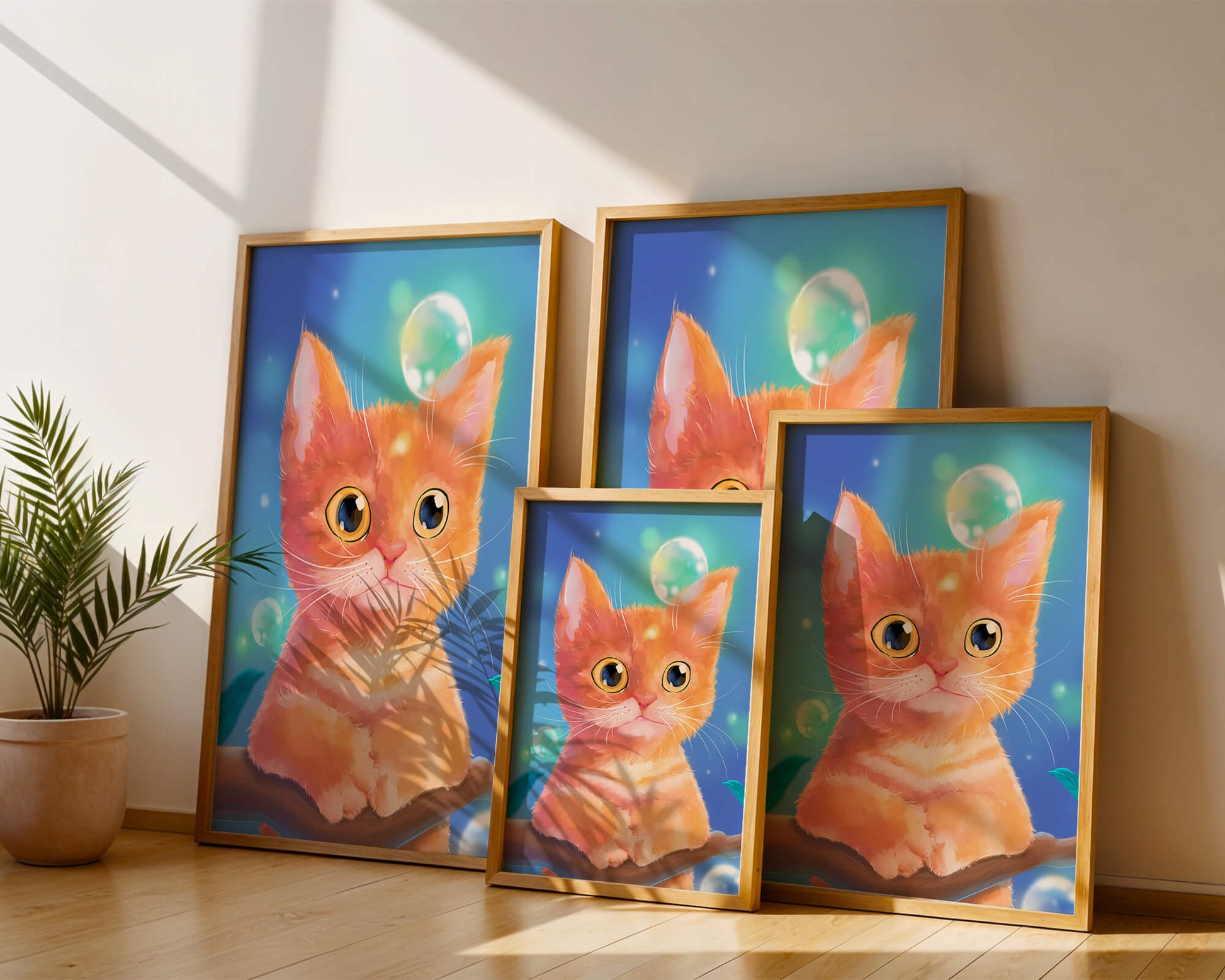 Adorable orange kitten illustration with bubbles and a colorful background
