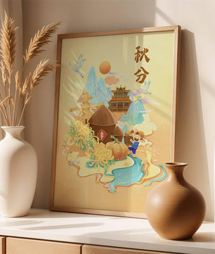 Charming autumn scene with traditional elements and nature motifs