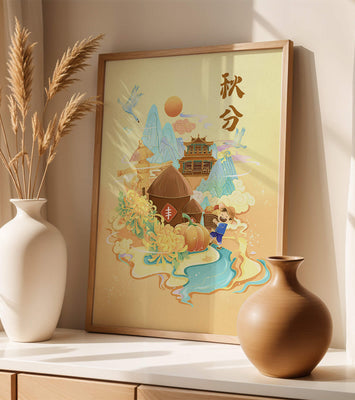 Charming autumn scene with traditional elements and nature motifs