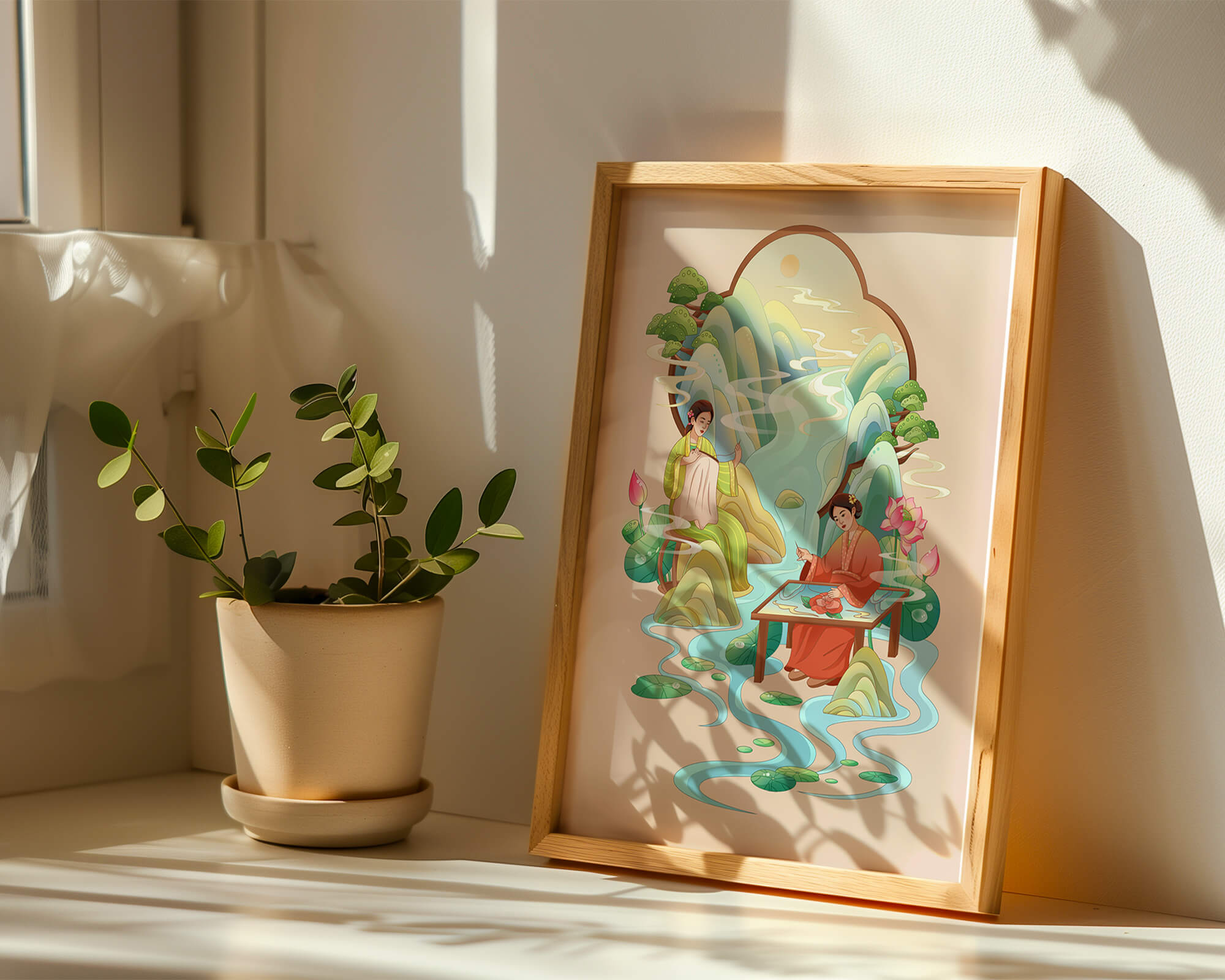 Serene water and nature scene with people in traditional attire