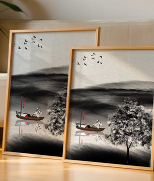 Voyage paisible en bateau dans un paysage serein avec oiseaux et arbre