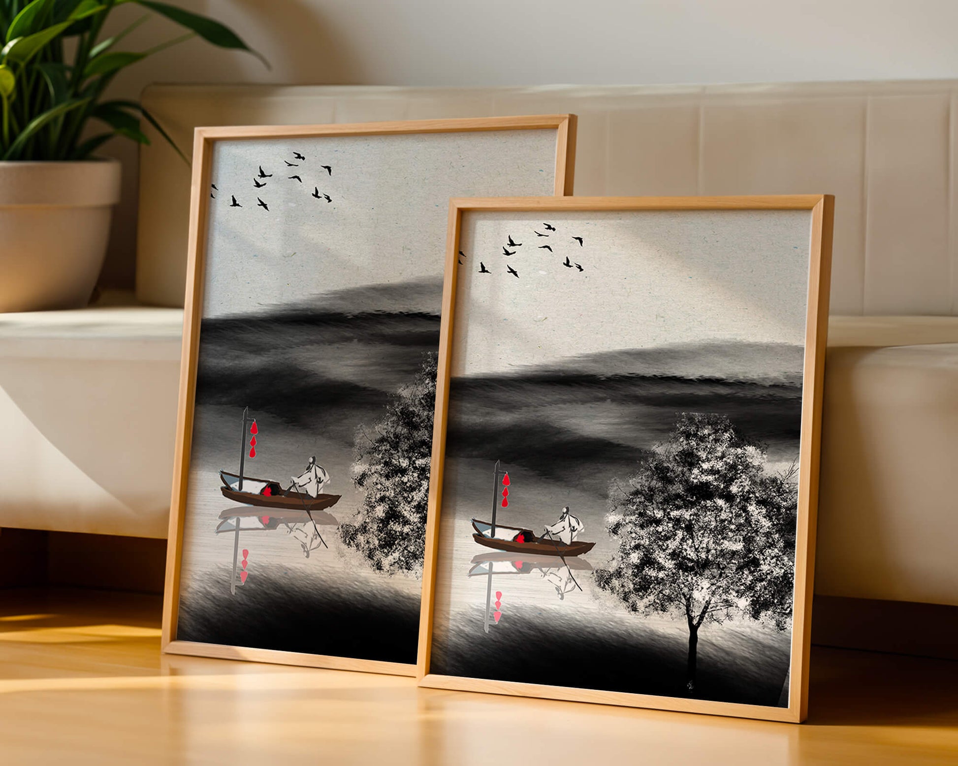 Tranquilo viaje en barco en un paisaje sereno con pájaros y árbol