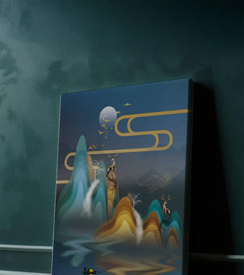 Abstract landscape with golden deer and layered mountains in serene night scene