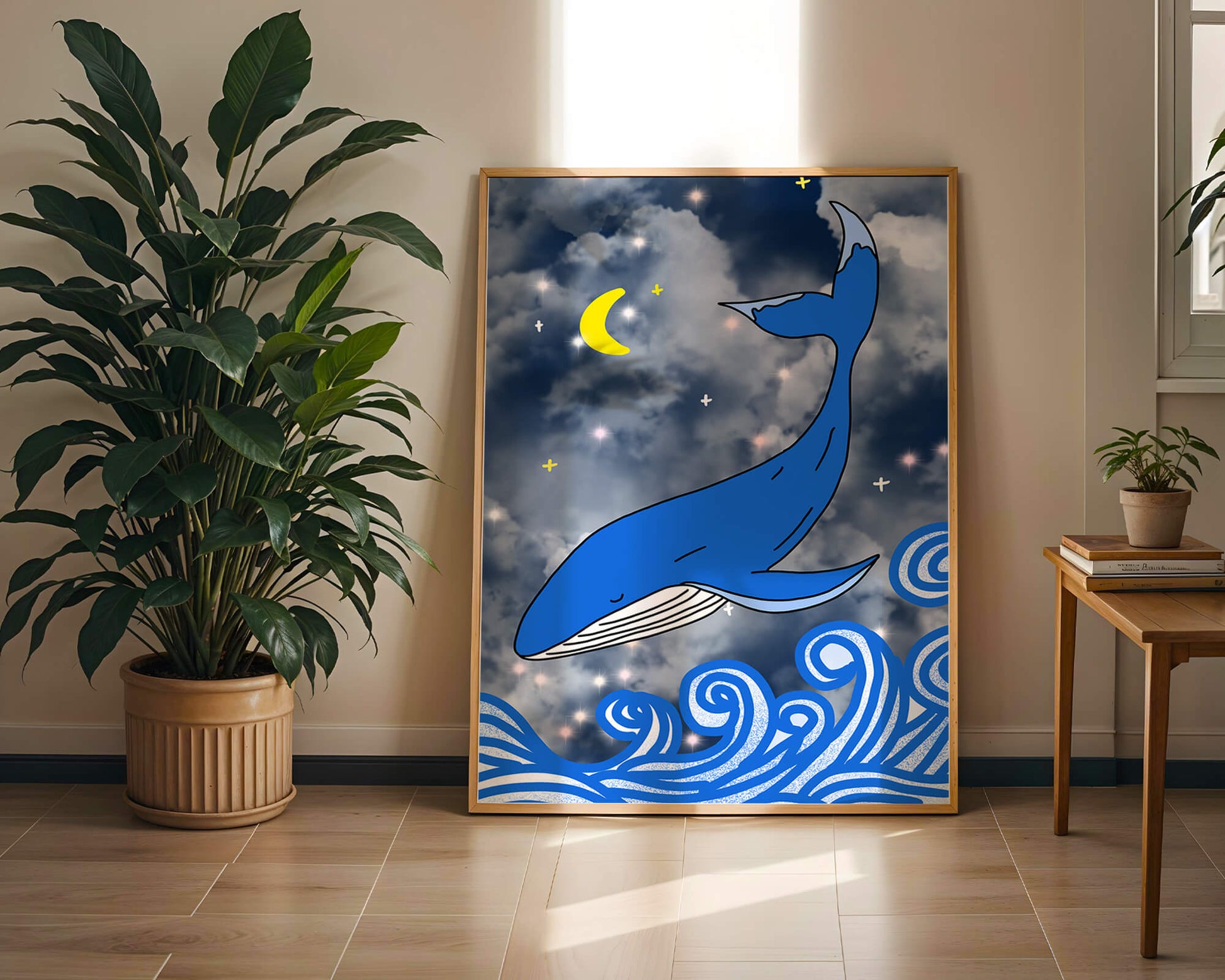 Whimsical blue whale in a starry night ocean scene