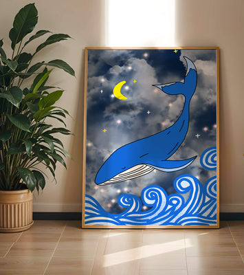 Whimsical blue whale in a starry night ocean scene