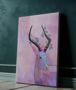 Pastel watercolor illustration of antelope with floral horns