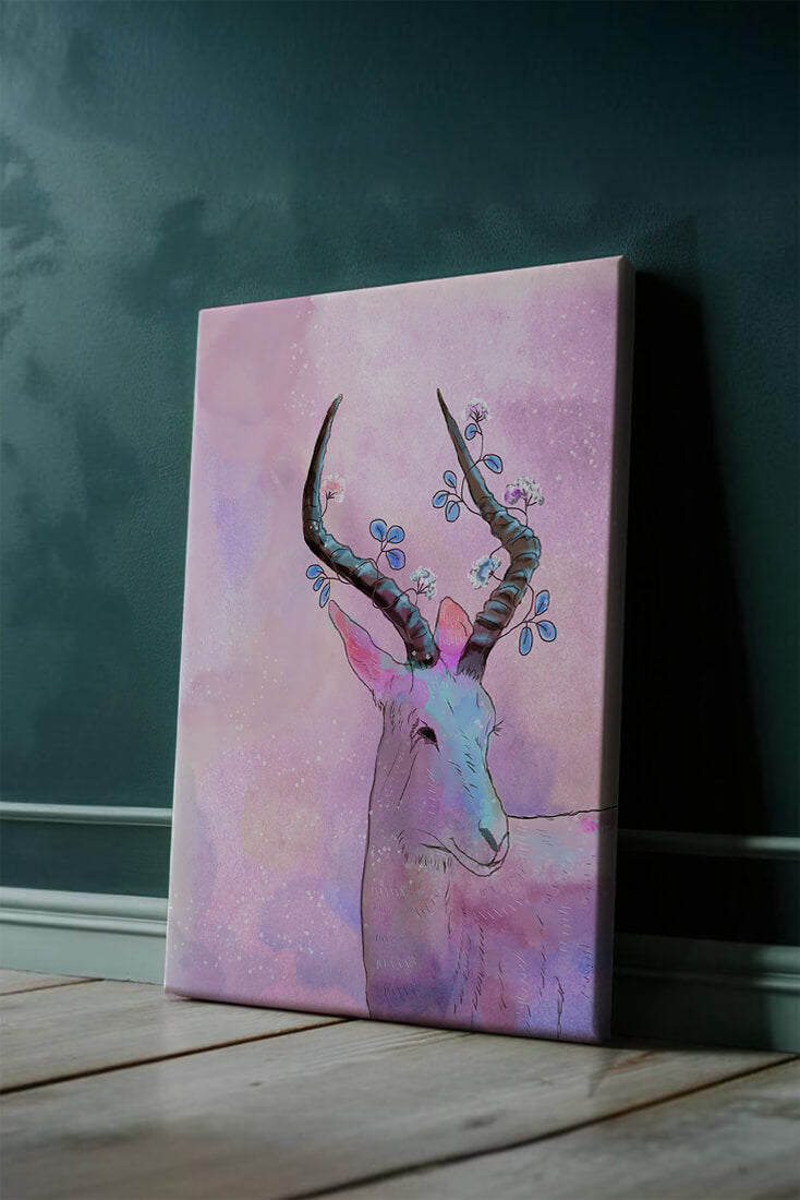 Pastel watercolor illustration of antelope with floral horns