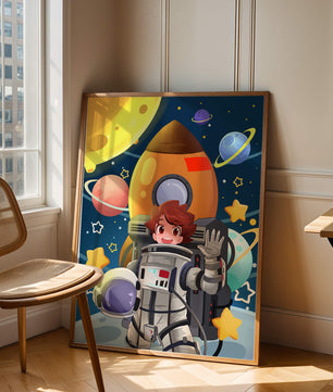 Young Astronaut with Rocket and Planets in Space Adventure