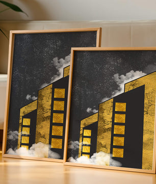 Ilustración arquitectónica artística con elementos dorados y cielo nocturno